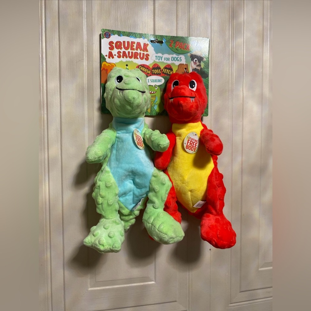 Bow Wow Pet Set Of 2 - Stuffing free Squeak-A-Saurus-  Squeaky Dog Toy 11”